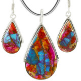 Rainbow Spiny Turquoise Pendant & Earrings Set Sterling Silver PE4054-C91