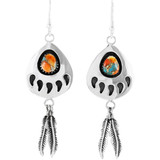 Spiny Turquoise Bear Paw Feather Earrings Sterling Silver E1485-C89 (Size Options)