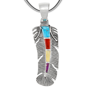 Multi Gemstone Feather Pendant Sterling Silver P3327-C01