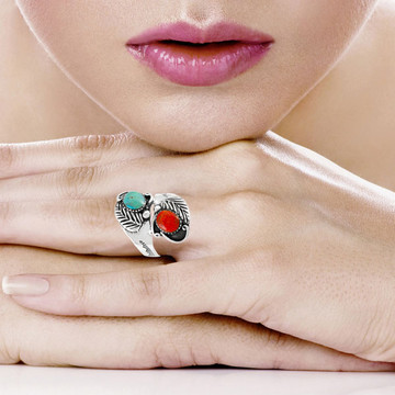 Turquoise & Coral Ring Sterling Silver R2560-C85