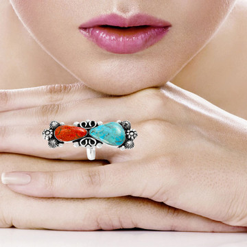 Turquoise & Coral Ring Sterling Silver R2556-LG-C85 (LARGER style)