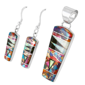 Rainbow Spiny Turquoise Pendant & Earrings Set Sterling Silver PE4030-C26