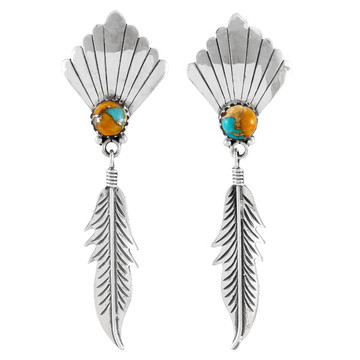 Spiny Turquoise Feather Earrings Sterling Silver E1476-C89