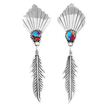 Rainbow Spiny Turquoise Feather Earrings Sterling Silver E1476-C91
