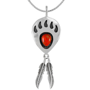 Coral Bear Paw Feather Pendant Sterling Silver P3347-C74