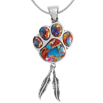 Rainbow Spiny Turquoise Paw Feather Pendant Sterling Silver P3349-C91