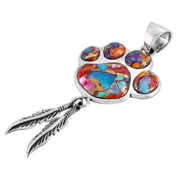 Rainbow Spiny Turquoise Paw Feather Pendant Sterling Silver P3349-C91