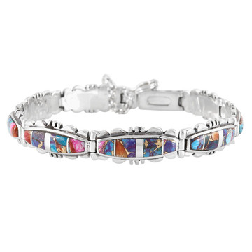 Rainbow Spiny Turquoise Link Bracelet Sterling Silver B5516-C91A
