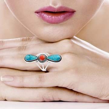 Turquoise & Coral Ring Sterling Silver R2616-C85
