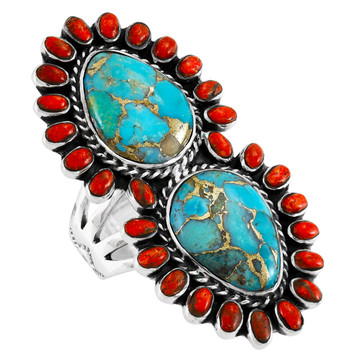 Turquoise & Coral Ring Sterling Silver R2617-C85