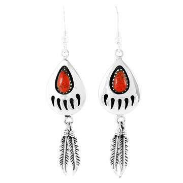 Coral Bear Paw Feather Earrings Sterling Silver E1485-C74 (Size Options)