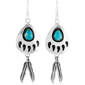 Turquoise Bear Paw Feather Earrings Sterling Silver E1485-C75 (Size Options)