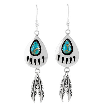 Matrix Turquoise Bear Paw Feather Earrings Sterling Silver E1485-C84 (Size Options)