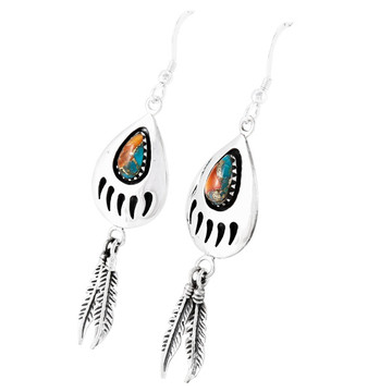 Spiny Turquoise Bear Paw Feather Earrings Sterling Silver E1485-C89 (Size Options)