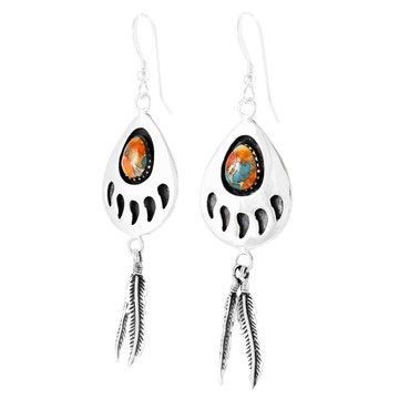 Spiny Turquoise Bear Paw Feather Earrings Sterling Silver E1485-C89 (Size Options)