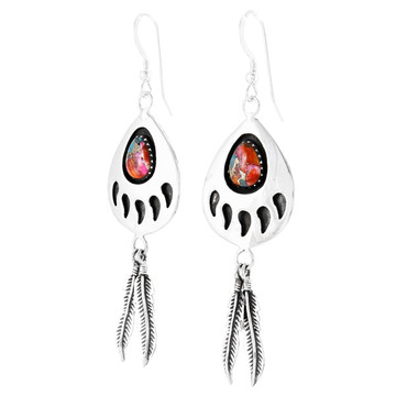 Rainbow Spiny Turquoise Bear Paw Feather Earrings Sterling Silver E1485-C91 (Size Options)