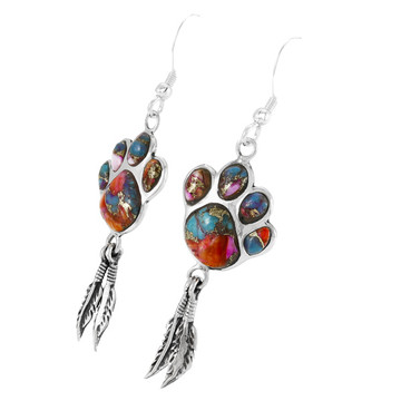 Rainbow Spiny Turquoise Paw Feather Earrings Sterling Silver E1495-C91