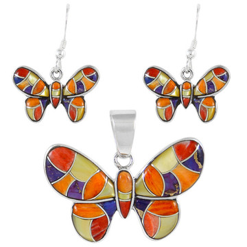 Sterling Silver Butterfly Multi Gemstones Pendant & Earrings Set PE4039-C36