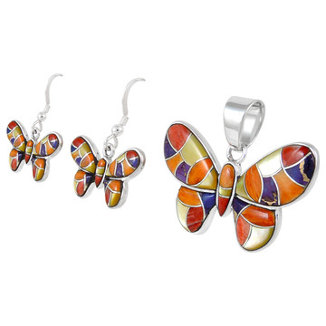 Sterling Silver Butterfly Multi Gemstones Pendant & Earrings Set PE4039-C36