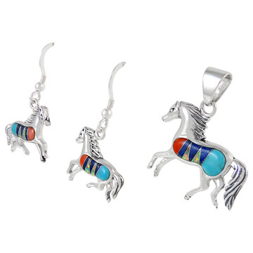 Sterling Silver Horse Pendant & Earrings Set Multi Gemstones PE4007-C01