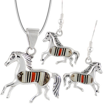 Sterling Silver Horse Pendant & Earrings Set Multi Gemstones PE4007-C45