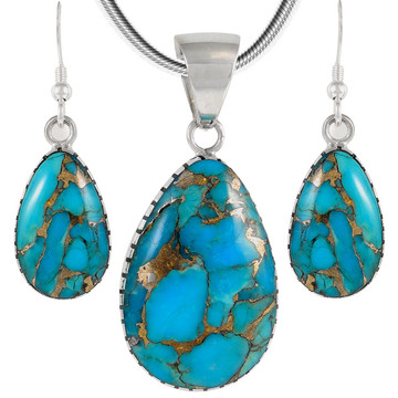 Sterling Silver Pendant & Earrings Set Matrix Turquoise PE4056-C84