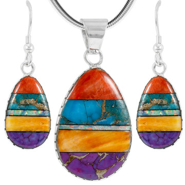 Sterling Silver Pendant & Earrings Set Multi Gemstone PE4056-C00