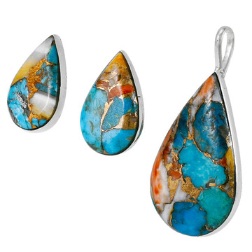 Sterling Silver Pendant & Earrings Set Spiny Turquoise PE4057-C89