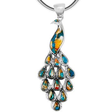 Spiny Turquoise Peacock Pendant Sterling Silver P3215-C89 (3" Long)