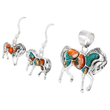 Sterling Silver Horse Pendant & Earrings Set Spiny Turquoise PE4016-C89