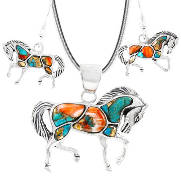 Sterling Silver Horse Pendant & Earrings Set Spiny Turquoise PE4016-C89