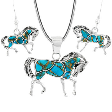 Sterling Silver Horse Pendant & Earrings Set Spiny Matrix Turquoise PE4016-C84