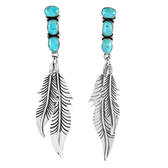 Turquoise Feather Earrings Sterling Silver E1458-LG-C75 (Larger version)