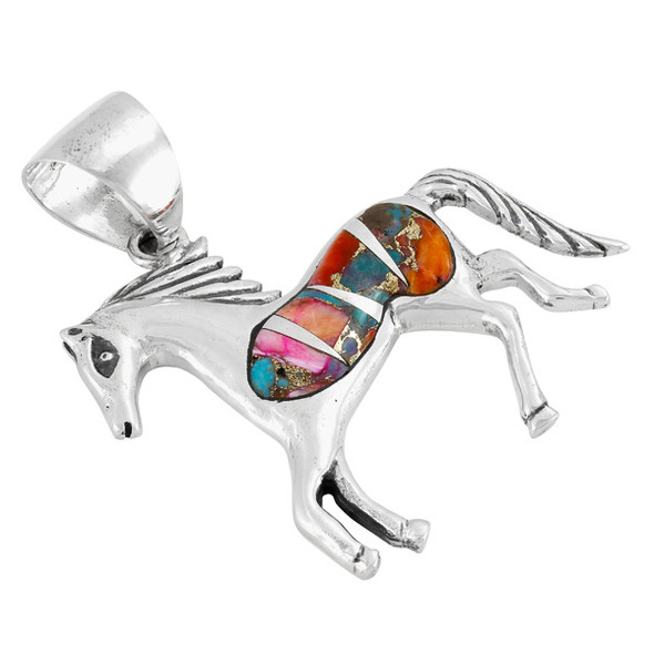 Rainbow Spiny Turquoise Horse Pendant Sterling Silver P3002-LG-C91 (Larger Style)