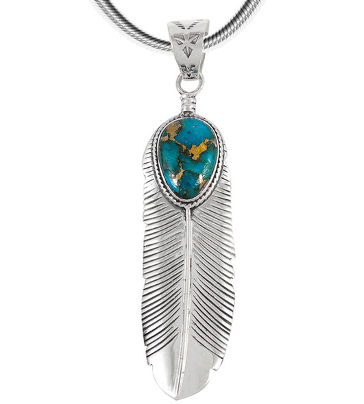 Sterling Silver Feather Pendant Matrix Turquoise P3190-LG-C84