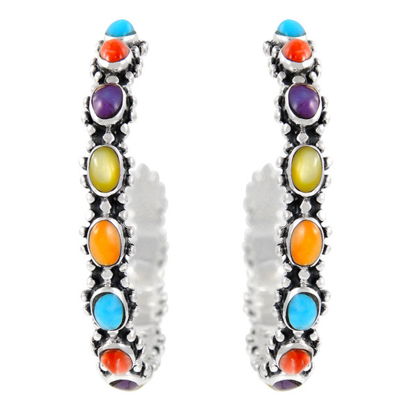 Multi Gemstones Hoop Earrings Sterling Silver E1266-C71