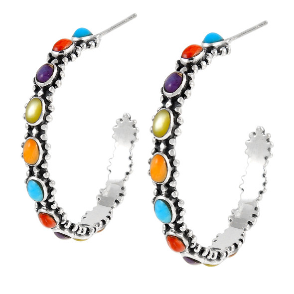 Multi Gemstones Hoop Earrings Sterling Silver E1266-C71