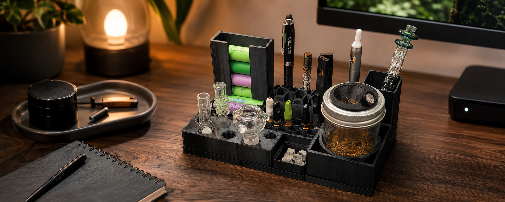 Gridfinity setup, filled with batteries, vapes, carts, screens, etc