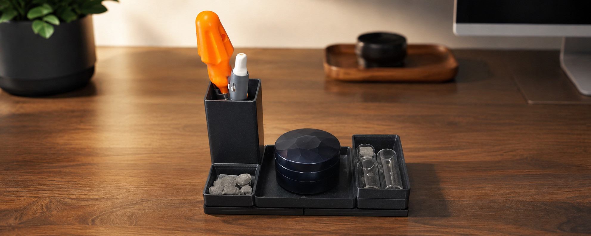 Gridfinity starter kit example, showing vape slot, large tray for grinder, small bin for screens, and stacked bin for stems