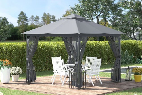 Outsunny 3m x 3m Double Top Metal Gazebo with Mesh Curtains Light Grey