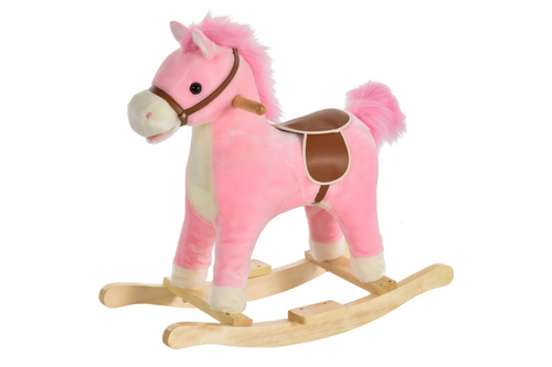 HOMCOM Kids Plush Rocking Horse w/ Sound Moving Mouth Wagging Tail Children Rocker Ride On Toy Gift 3-6 Years Pink