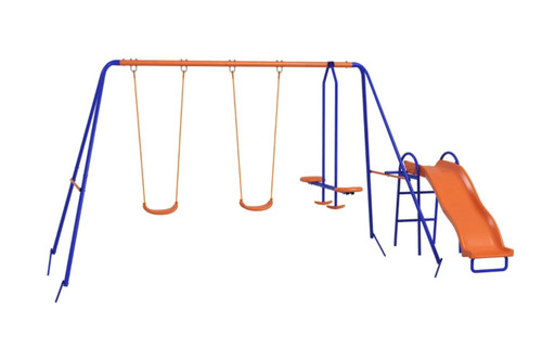 Outsunny Four-In-One Metal Garden Swing Set, with Double Swings, Glider, Slider, Ladder - Orange and Blue