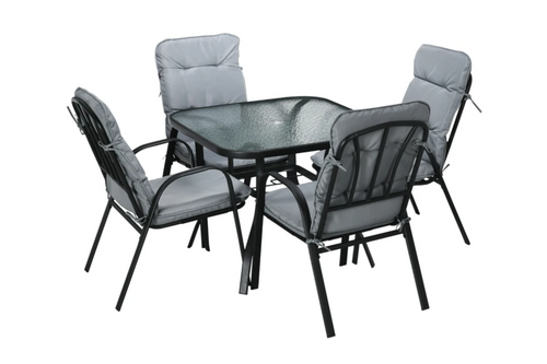 Outsunny 5 Pieces Outdoor Square Garden Dining Set w/ Tempered Glass Dining Table 4 Cushioned Armchairs, Umbrella Hole, Grey