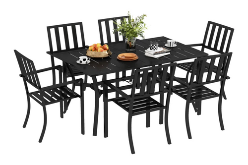 Outsunny 7 Pieces Garden Table and Chairs 6 Seater Outdoor Table and Chairs with Umbrella Hole, for Poolside, Garden, Black