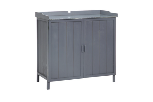 Outsunny Garden Storage Cabinet, Outdoor Tool Shed, Potting Bench Table with Galvanized Top and Two Shelves for Yard Tools or Pool Accessories, Grey