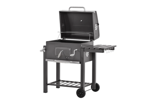Outsunny Charcoal Grill BBQ Trolley with Adjustable Charcoal Grate, Garden Metal Smoker Barbecue with Shelf, Side Table, Wheels, Built-in Thermometer, Bottle Opener