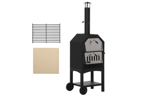 Outsunny Outdoor Garden Pizza Oven Charcoal BBQ Grill 3-Tier Freestanding w/ Chimney,Mesh Shelf ,Thermometer Handles, Wheels Garden Party Gathering Stainless Steel Cooker