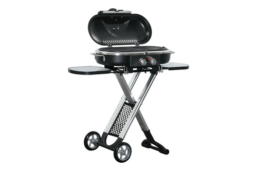 Outsunny Foldable Gas BBQ Grill 2 Burner Garden Barbecue Trolley w/ Lid Side Shelves Storage Pocket Piezo Ignition Thermometer, Aluminium Alloy