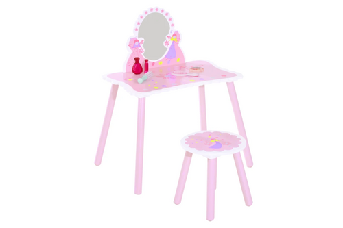 HOMCOM Kids Dressing Table Girls Pink Wooden Kids Dressing Table & Stool Make Up Desk Chair Toys Fairy Dresser Play Set w/Mirror