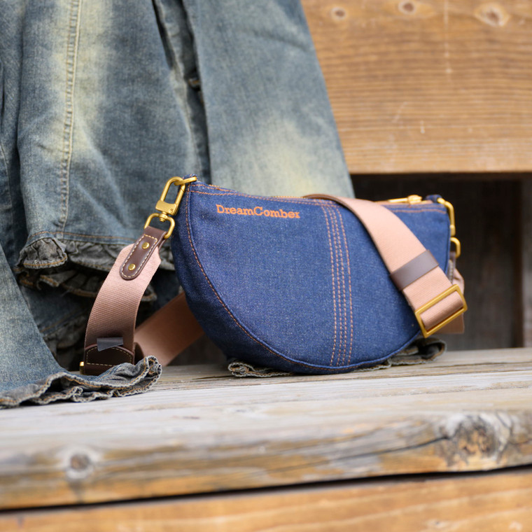 Lightweight denim Saddle bag with multi-purpose strap that can be worn as shoulder bag, sling bag, cross-body, waist bag, fanny pack.